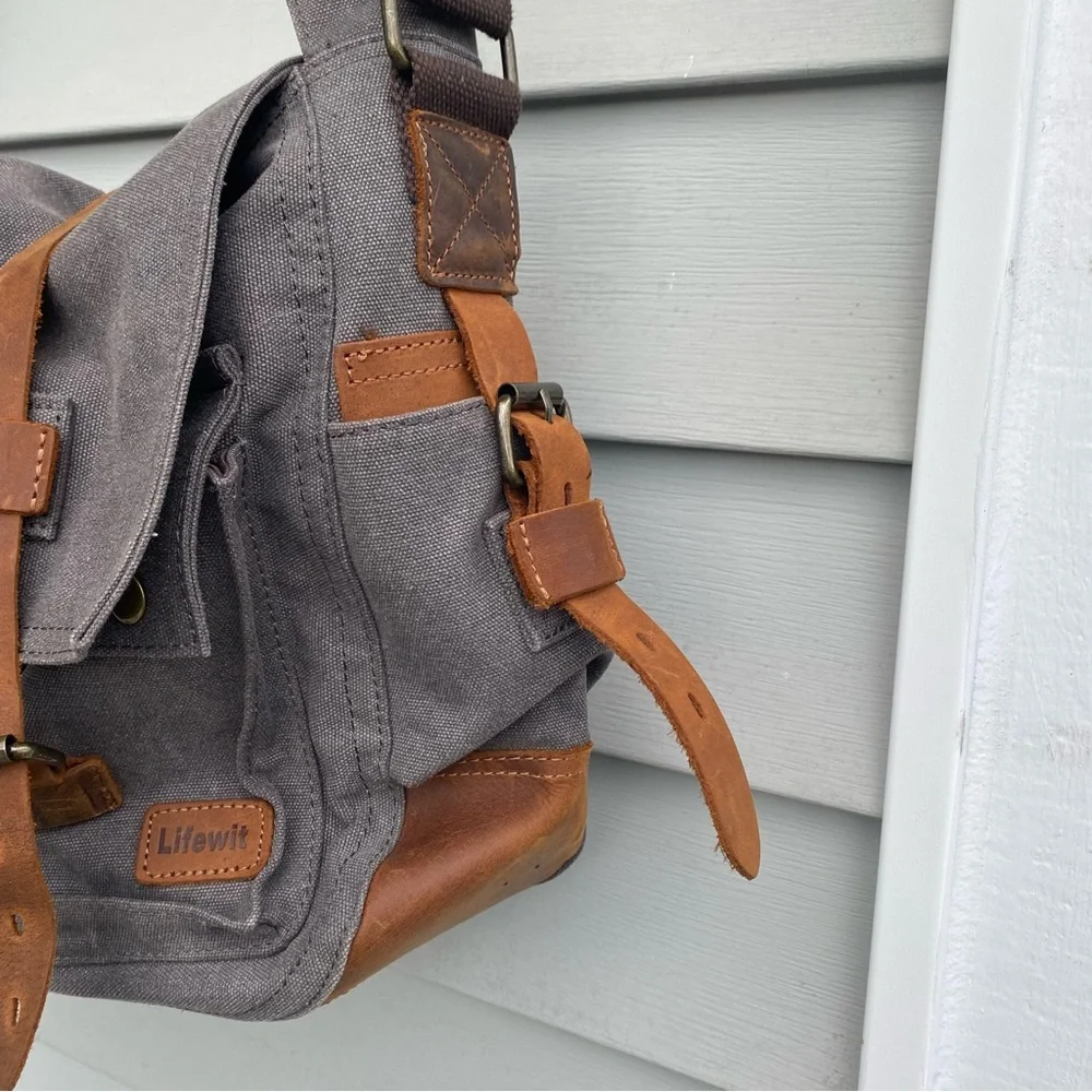 Lifewit Brown Canvas & Leather Satchel Messenger Cross Body Shoulder Bag Grey